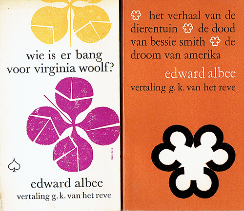 omslagen van Wie is er bang voor Virginia Woolf, Het Verhaal van de Dierentuin, De Dood van Bessie Smith en De Droom van Amerika