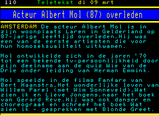 Teletekst-bericht overlijden Albert Mol