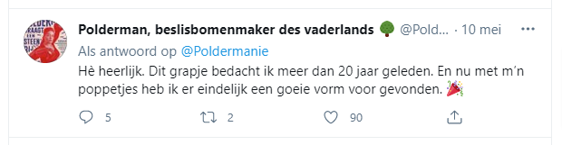 tekst tweet: He heerlijk. Dit grapje bedacht ik meer dan 20 jaar geleden. En nu met m’n poppetjes heb ik er eindelijk een goeie vorm voor gevonden.